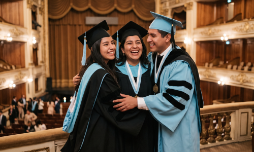 Tres egresados felices con toga y birrete abrazándose en un auditorio el día de su graduación, representando la comunidad y la Red Alumni de la universidad.