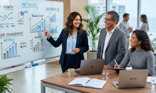 Grupo de profesionales analizando métricas de crecimiento en una pizarra dentro de una oficina moderna, representando el networking y la vinculación empresarial.