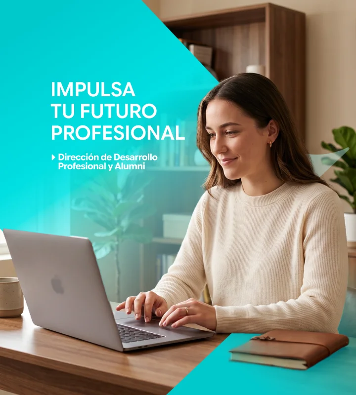 Estudiante universitaria sonriendo frente a su laptop. Banner móvil para impulsar el futuro profesional con la Dirección de Desarrollo Profesional y Alumni.