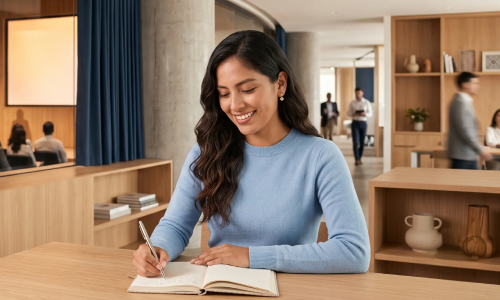 Profesional sonriendo mientras toma notas en su cuaderno en un moderno espacio de estudio, representando el desarrollo de competencias y la asesoría de posgrado.